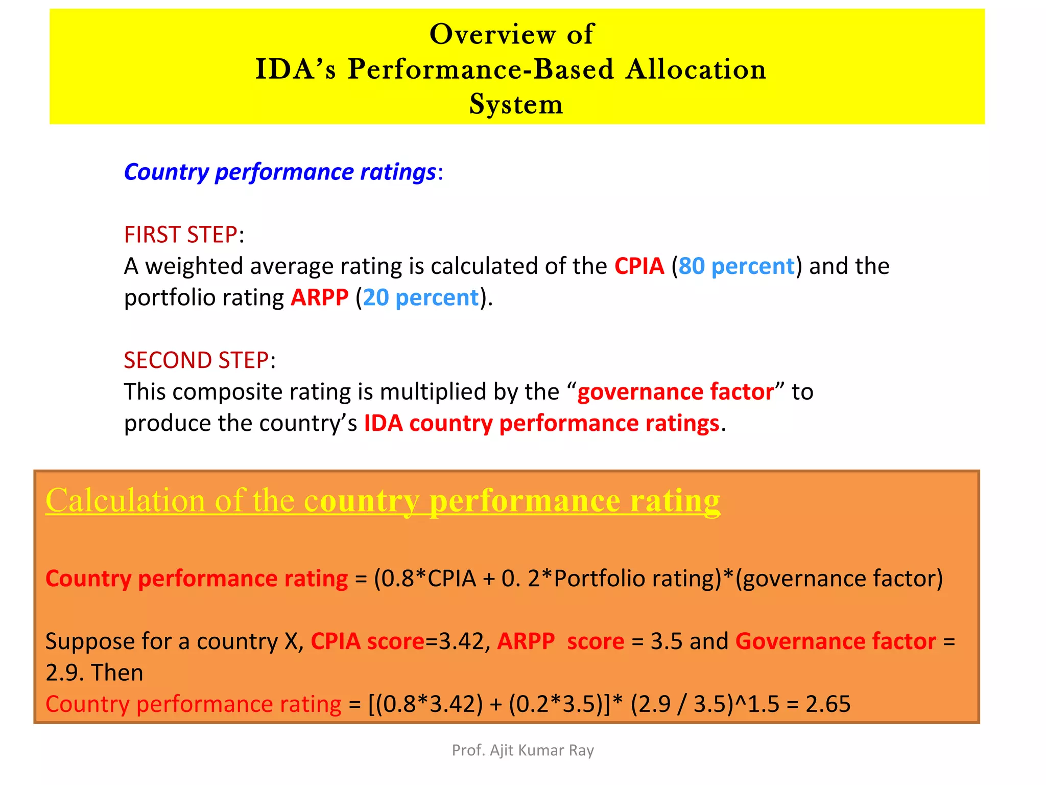 Country performance ratings:
FIRST STEP:
A weighted average rating is calculated of the CPIA (80 percent) and the
portfolio rating ARPP (20 percent).
SECOND STEP:
This composite rating is multiplied by the “governance factor” to
produce the country’s IDA country performance ratings.
Calculation of the country performance rating
Country performance rating = (0.8*CPIA + 0. 2*Portfolio rating)*(governance factor)
Suppose for a country X, CPIA score=3.42, ARPP score = 3.5 and Governance factor =
2.9. Then
Country performance rating = [(0.8*3.42) + (0.2*3.5)]* (2.9 / 3.5)^1.5 = 2.65
Overview of
IDA’s Performance-Based Allocation
System
Prof. Ajit Kumar Ray
 