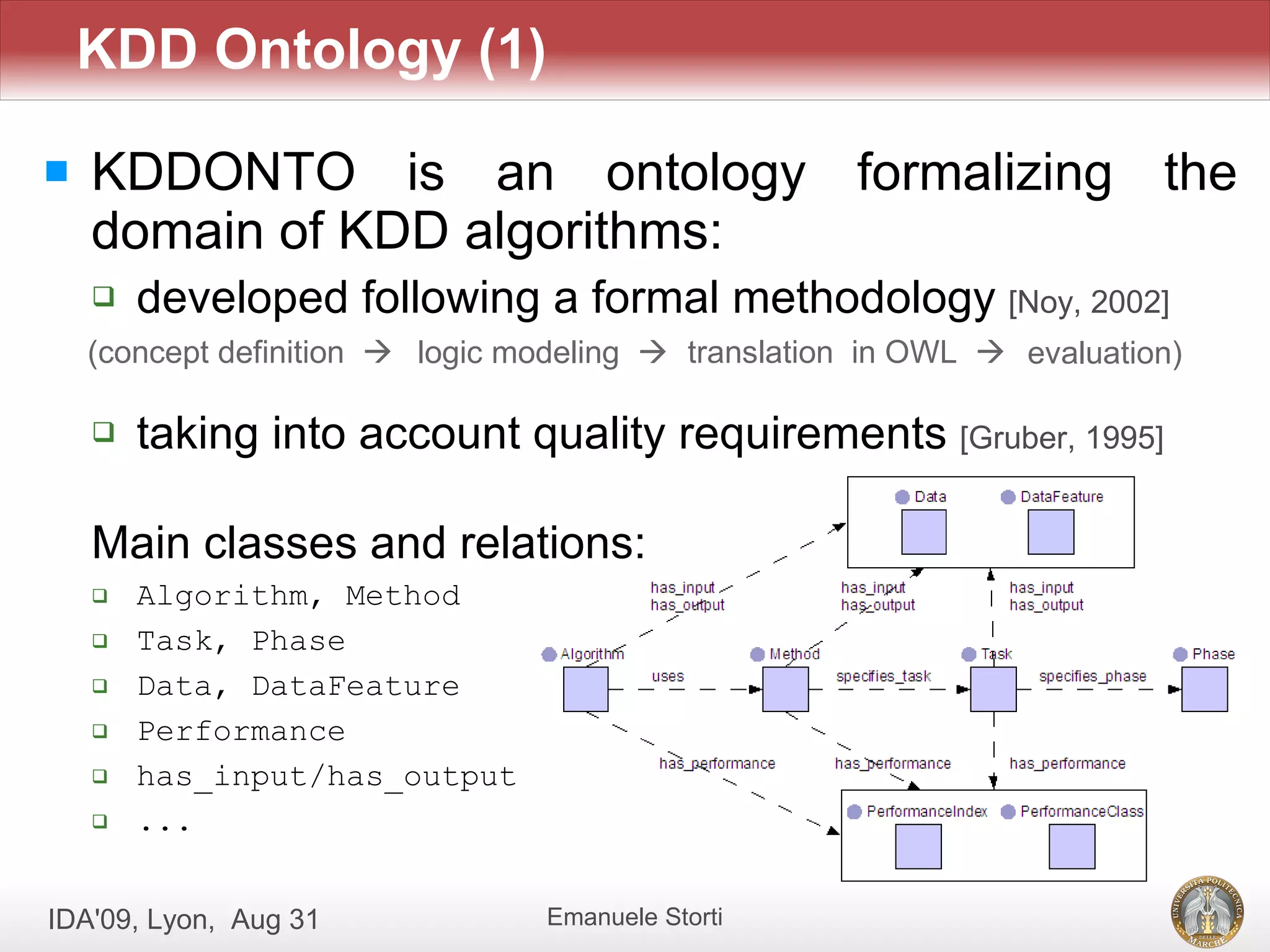 KDD Ontology (1)

   KDDONTO is an ontology formalizing the
    domain of KDD algorithms:
       developed following a formal methodology [Noy, 2002]
    (concept definition  logic modeling  translation in OWL  evaluation)

       taking into account quality requirements [Gruber, 1995]

    Main classes and relations:
       Algorithm, Method
       Task, Phase
       Data, DataFeature
       Performance
       has_input/has_output
       ...


IDA'09, Lyon, Aug 31             Emanuele Storti
 