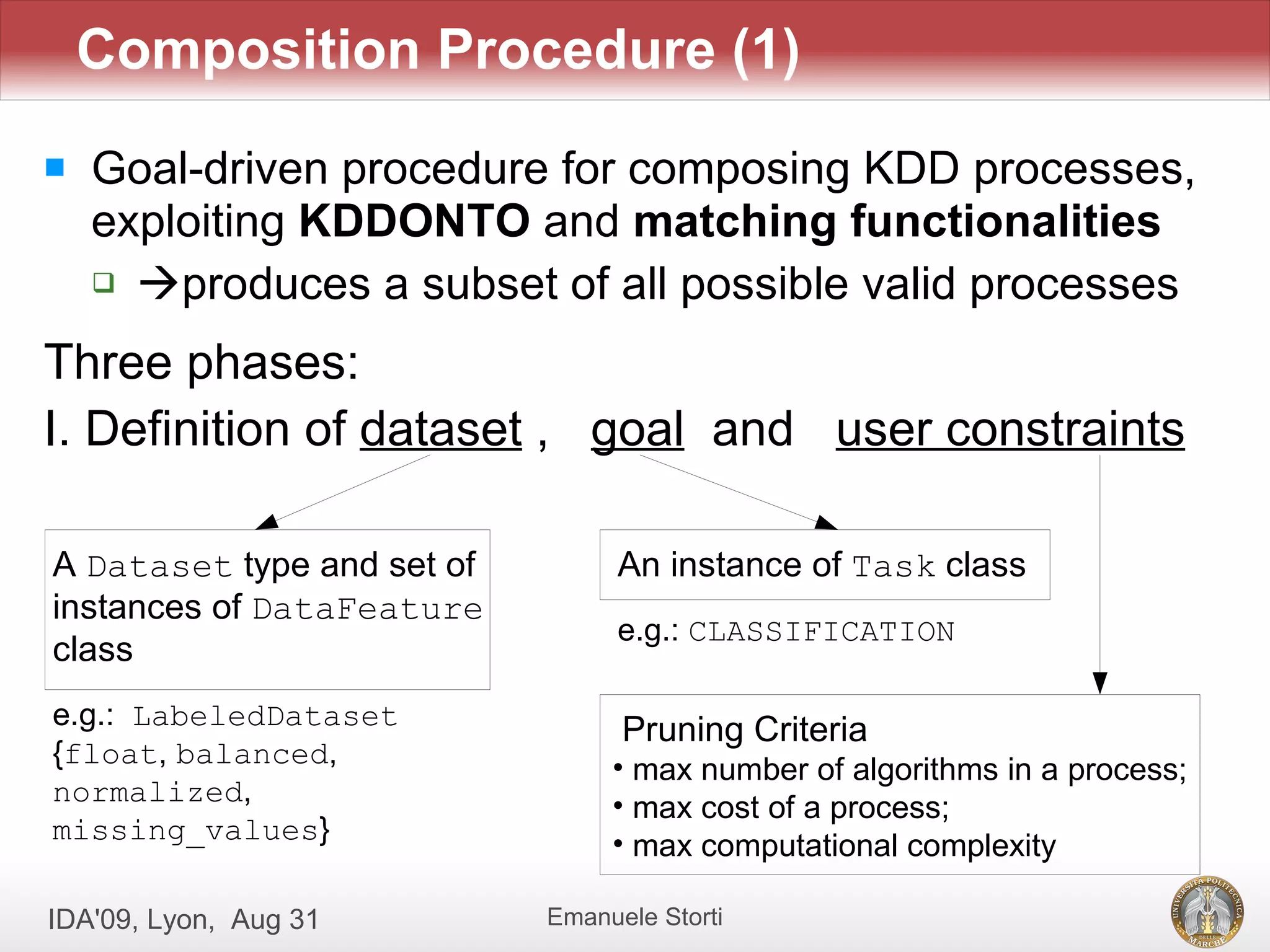 Composition Procedure (1)
   Goal-driven procedure for composing KDD processes,
    exploiting KDDONTO and matching functionalities
     produces a subset of all possible valid processes


Three phases:
I. Definition of dataset , goal and user constraints

A Dataset type and set of         An instance of Task class
instances of DataFeature
                                  e.g.: CLASSIFICATION
class
e.g.: LabeledDataset
                                  Pruning Criteria
{float, balanced,                • max number of algorithms in a process;
normalized,                      • max cost of a process;
missing_values}                  • max computational complexity

IDA'09, Lyon, Aug 31        Emanuele Storti
 