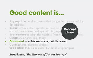 Good content is...
• Appropriate: publish content that is right for the user and for
the business
• Useful: define a clear, specific purpose for each piece of
content; evaluate content against this purpose
• User-centered: adopt the cognitive frameworks of your users
• Clear: Seek clarity in all things
• Consistent: mandate consistency, within reason
• Concise: omit needless content
• Supported: Publish no content without a support plan
Erin Kissane, “The Elements of Content Strategy”
Concept
phase
 