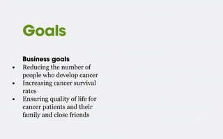 Goals
Business goals
• Reducing the number of
people who develop cancer
• Increasing cancer survival
rates
• Ensuring quality of life for
cancer patients and their
family and close friends
 