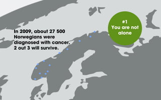 #1
You are not
aloneIn 2009, about 27 500
Norwegians were
diagnosed with cancer.
2 out 3 will survive.
 