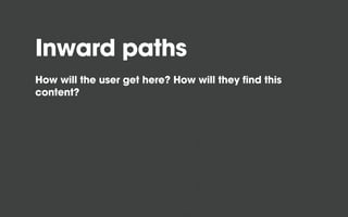 Inward paths
How will the user get here? How will they find this
content?
 
