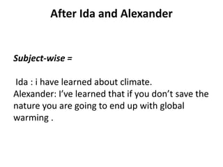 After Ida and Alexander Subject-wise = Ida : i have learned about climate.Alexander: I’ve learned that if you don’t save the nature you are going to end up with global warming .
