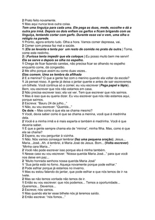 2 Prato feito novamente.
1 Mas aqui nunca teve outra coisa.
Tem uma linguiça para cada uma. Ele pega as duas, mede, escolhe e dá a
outra pra irmã. Depois os dois enfiam os garfos e ficam brigando com as
linguiça, tentando cortar com garfo. Durante esse vai e vem, uma olha o
relógio na parede.
1 Pronto, agora entorto tudo. Olha a hora. Vamos comer depressa, vai.
2 Comer com pressa faz mal a saúde.
1 (Ela se levanta e tenta por um resto de comida no prato da outra.) Toma,
come este restinho.
2: (Furiosa tenta impedir que ela coloque.) Eu posso muito bem me servir!
Ela se serve e depois se olha no espelho.
1 Chega de ficar fazendo caretas, não precisa ficar se olhando no espelho
enquanto come, dá congestão.
2 Me olho porque assim eu como duas vezes..
Elas comem. Uma se lembra da afilhada
2 E a menina? O que a gente faz com o menino quando ela voltar da escola?
1 Já pensei nisso. A gente já deixa o jantar quente e antes de sair escrevemos
um bilhete. Você continua só a comer; eu vou escrever (Pega papel e lápis).
Bem, vou escrever que nós não estamos em casa.
2 Não precisa escrever isso; ela vai ver. Tem que escrever que nós saímos.
1 Mas é isso que eu queria dizer. Eu vou escrever que nós não estamos aqui,
porque saímos.
2 Escreva: “Bauru 24 de julho...”
1 Não, eu vou escrever: “Querida...”
Os dois – Mas como é que ela se chama mesmo?
1 Você, devia saber como é que se chama a menina, você que é madrinha
dela.
2 Você é a minha irmã e é mais esperta e também é madrinha. Você é que
deveria saber.
1 É que a gente sempre chama ela de “minina”, minha filha. Mas, como é que
ela se chama?
2 Espera, eu vou perguntar à vizinha.
1 Não. Nós vamos conseguir lembrar (faz uma pequena oração); Jesus...
Maria...José...Ah. é lembrei, é Maria José de Jesus. Bom... (Volta escrever)
“Minha cara Maria...”
2 Você não pode escrever isso porque ela é minha também.
1 Nesse caso eu vou escrever: “Nossa querida Maria José...” para que você
nos deixe em paz...
2 “Muito honrada senhora nossa querida Maria José”
1 “Sua janta está no forno. Aqueça novamente porque pode esfriar.”
2 Pode esfriar porque já estamos no inverno.
1 Mas eu estou falando do jantar, que pode esfriar e que nós temos de ir na
Ivete.
2 Mas se não temos vontade não temos de ir.
1 Então eu vou escrever: que nós podemos... Temos a oportunidade...
Queremos... Devemos...
2 Escreve; nós vamos.
1 Mas quando ela ler esse bilhete nós já teremos saído.
2 Então escreve: “nós fomos...”
 