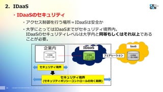Copyright© 2016 EXGEN NETWORKS Co.,LTD. All Rights Reserved.
・IDaaSのセキュリティ
11
フェデレーション
企業内
SaaS
ID情報
(一部の情報)
ID情報
マスターDB
IDaaS
フェデレーションID情報
マスターDB
(全部の情報)
セキュリティ境界
セキュリティ境界
(セキュリティポリシーコントロールの効く範囲)
・大学にとってはIDaaSまでがセキュリティ境界内。
IDaaSのセキュリティレベルは大学内と同等もしくはそれ以上である
ことが必要。
・アクセス制御を行う場所＝IDaaSは安全か
2. IDaaS
 