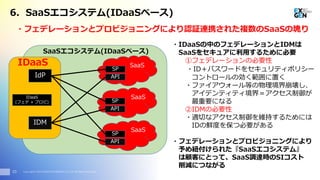 Copyright© 2016 EXGEN NETWORKS Co.,LTD. All Rights Reserved.
IdP
IDM
SaaS
SP
API
SaaS
SP
API
SaaS
SP
API
SaaSエコシステム(IDaaSベース)
IDaaS
(フェデ + プロビ)
IDaaS
20
・フェデレーションとプロビジョニングにより認証連携された複数のSaaSの塊り
・IDaaSの中のフェデレーションとIDMは
SaaSをセキュアに利用するために必要
①フェデレーションの必要性
・ID＋パスワードをセキュリティポリシー
コントロールの効く範囲に置く
・ファイアウォール等の物理境界崩壊し、
アイデンティティ境界＝アクセス制御が
最重要になる
②IDMの必要性
・適切なアクセス制御を維持するためには
IDの鮮度を保つ必要がある
・フェデレーションとプロビジョニングにより
予め紐付けられた『SaaSエコシステム』
は顧客にとって、SaaS調達時のSIコスト
削減につながる
6. SaaSエコシステム(IDaaSベース)
 