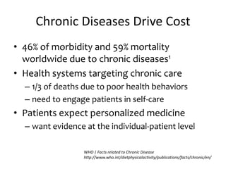 Chronic Diseases Drive Cost
• 46% of morbidity and 59% mortality
worldwide due to chronic diseases1
• Health systems targeting chronic care
– 1/3 of deaths due to poor health behaviors
– need to engage patients in self-care
• Patients expect personalized medicine
– want evidence at the individual-patient level
WHO | Facts related to Chronic Disease
http://www.who.int/dietphysicalactivity/publications/facts/chronic/en/
 