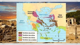 Pré-Homérico:
- Prática da talassocracia: poder a partir do domínio do
comércio marítimo
- No palácio da cidade de Cnossos ficava o palácio onde,
segunda a lenda, vivia o Minotauro
- Povos que formavam os gregos: aques, jônios, eólios e
dórios
- Primeira diáspora grega: habitantes da península se
deslocam para as ilhas do mar Egeu
- Sistema Gentílico: organizados em pequenos grupos (gens),
os gregos tinham um sistema de propriedade coletiva da
terra e cada grupo era liderado por ser páter-família
 