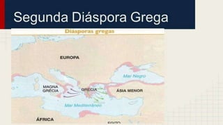 Período Arcaico:
- Cidades-Estados, ou pólis: cidades autônomas. Com
governo próprio, independente de qualquer outra (união de
várias comunidades)
- Segunda diáspora grega: ocupação grega nas regiões em
torno do mar Mediterrâneo
- Governo Oligárquico: governo de poucos
 