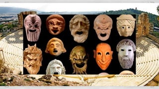 Cultura Grega:
- Teatro (tragédia e comédia): objetivo educar o povo
- Financiada pela elite da sociedade
- Encenadas ao ar livre, atores composto somente por homens
com uso de máscaras.
- História: era uma forma de se analisar o presente/passado
- Poesia: narrar os grandes feitos históricos
- Filosofia: explicar a natureza e a vida
- Arquitetura: função pública, quanto maior é maior o poder
- Esculturas: formas perfeitas de corpo
 