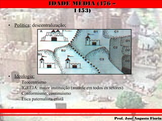 IDADE MÉDIA (476 –IDADE MÉDIA (476 –
1453)1453)
Prof. José Augusto FiorinProf. José Augusto Fiorin
• Política: descentralização;
• Ideologia:
– Teocentrismo
– IGREJA: maior instituição (atuante em todos os setores)
– Conformismo, continuismo
– Ética paternalista cristã
 