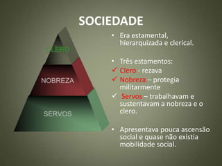 SOCIEDADE
• Era estamental,
hierarquizada e clerical.
• Três estamentos:
 Clero - rezava
 Nobreza – protegia
militarmente
 Servos – trabalhavam e
sustentavam a nobreza e o
clero.
• Apresentava pouca ascensão
social e quase não existia
mobilidade social.
 