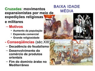 BAIXA IDADE
MÉDIA
Cruzadas: movimentos
expansionistas por meio de
expedições religiosas
e militares
– Motivos
• Aumento da população
• Expansão comercial
• Grande religiosidade
- Conseqüências (séc.XIII)
– Decadência do feudalismo
– Desenvolvimento do
comércio de produtos
orientais
– Fim do domínio árabe no
Mediterrâneo
 