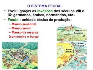 O SISTEMA FEUDAL
• Evolui graças às invasões dos séculos VIII e
IX: germanos, árabes, normandos, etc..
• Feudo - unidade básica de produção:
– Manso senhorial
– Manso servil
– Manso da reserva
(comunal) e o burgo
 
