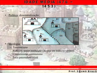 Política : descentralização; Ideologia: Teocentrismo IGREJA: maior instituição (atuante em todos os setores) Conformismo, continuismo Ética paternalista cristã 