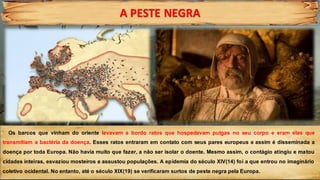 A PESTE NEGRA
Os barcos que vinham do oriente levavam a bordo ratos que hospedavam pulgas no seu corpo e eram elas que
transmitiam a bactéria da doença. Esses ratos entraram em contato com seus pares europeus e assim é disseminada a
doença por toda Europa. Não havia muito que fazer, a não ser isolar o doente. Mesmo assim, o contágio atingiu e matou
cidades inteiras, esvaziou mosteiros e assustou populações. A epidemia do século XIV(14) foi a que entrou no imaginário
coletivo ocidental. No entanto, até o século XIX(19) se verificaram surtos de peste negra pela Europa.
 