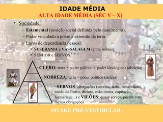 Sociedade:   Estamental  (posição social definida pelo nascimento). Poder vinculado à posse e extensão da terra. Laços de dependência pessoal: SUSERANIA  e  VASSALAGEM  (entre nobres); SENHOR e SERVOS. CLERO :  terra + poder político + poder ideológico (salvação) NOBREZA :  terra + poder político (defesa) SERVOS :  obrigações (corvéia, talha, banalidades, tostão de Pedro, dízimo, mão-morta, capitação, formariage...) e  VILÕES :  quase servos, porém com menos obrigações 10TAKE PRÉ-VESTIBULAR 
