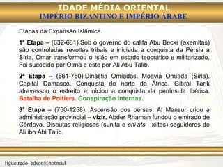 Etapas da Expansão Islâmica. 1ª Etapa  – (632-661).Sob o governo do califa Abu Beckr (axemitas) são controladas revoltas tribais e iniciada a conquista da Pérsia a Síria. Omar transformou o Islão em estado teocrático e militarizado. Foi sucedido por Otmã e este por Ali Abu Talib. 2ª Etapa  – (661-750).Dinastia Omíadas. Moaviá Omíada (Siria). Capital Damasco. Conquista do norte da África. Gibral Tarik atravessou o estreito e iniciou a conquista da península Ibérica.  Batalha de Poitiers .  Conspiração internas . 3ª Etapa  – (750-1258). Ascensão dos persas. Al Mansur criou a administração provincial –  vizir.  Abder Rhaman fundou o emirado de Córdova. Disputas religiosas (sunita e  shi’ats -  xiitas) seguidores de Ali ibn Abi Talib. 