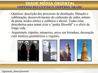 Química: descrição dos processos de destilação, filtração e sublimação; desenvolvimento do carbonato de sódio, nitrato de prata, ácidos nítrico e sulfúrico e álcool. Todas estas descobertas para tentar criar a “pedra filosofal” e o elixir da longa vida. Arquitetura: cúpulas, minaretes, arcos em ferradura, decoração com motivos geométricos e vegetais. 