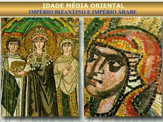CULTURA Arquitetura : mais importante expressão da arte bizantina. Mosaico : composição artística obtida a partir de pequenas peças de pedra e vidro coloridos. Escultura:  servia aos ideais religiosos. 
