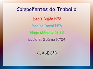 Compoñentes do Traballo
Denís Buján Nº2
Yadira Doval Nº6
Hugo Méndez Nº23
Lucía E. Suárez Nº24
CLASE 6ºB
 
