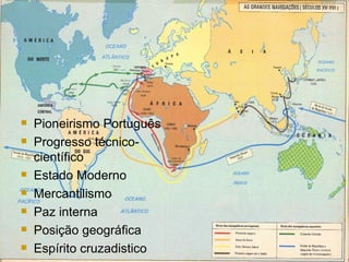 Pioneirismo Português Progresso técnico-científico Estado Moderno Mercantilismo Paz interna Posição geográfica Espírito cruzadistico 