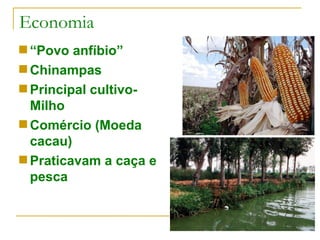 Economia “ Povo anfíbio” Chinampas Principal cultivo- Milho Comércio (Moeda cacau) Praticavam a caça e pesca 