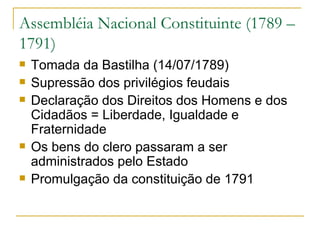 Assembléia Nacional Constituinte (1789 – 1791) Tomada da Bastilha (14/07/1789) Supressão dos privilégios feudais Declaração dos Direitos dos Homens e dos Cidadãos = Liberdade, Igualdade e Fraternidade Os bens do clero passaram a ser administrados pelo Estado Promulgação da constituição de 1791 