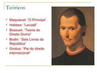 Teóricos Maquiavel: “O Príncipe” Hobbes: “Leviatã” Bossuet: “Teoria do Direito Divino” Bodin: “Seis Livros da República” Grotius: “Pai do direito internacional” 