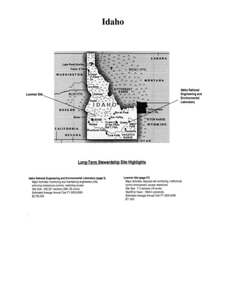 Idaho

Idaho National
Engineering and
Environmental
Laboratory

Lowman

Long-Term Stewardship Site Highlights

Idaho National Engineering and Environmental Laboratory (page 3)
Major Activities -monitoring and maintaining engineered units;
enforcing institutional controls; restricting access
Site Size- 230,321 hectares (569, 135 acres)
Estimated Average Annual Cost FY 2000-2006$3,700,000

Lowman Site (page 57)
Major Activities -disposal cell monitoring; institutional
control enforcement; access restrictions
Site Size -7.3 hectares (18 acres)
Start/End Years - 1994/in perpetuity
Estimated Average Annual Cost FY 2000-2006
$71,000

 