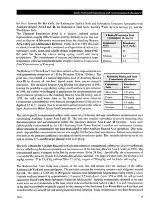 Idaho National Engineering and Environmental Labomtory
the Soils Beneath the Hot Cells, the Radioactive Surface Soils and Subsurface Structures Associated with
Auxiliary Reactor Area-l and -II, the Radioactive Tank Soils, Sanitary Waste System seepage pit, and the
Windblown Soils.
The Chemical Evaporation Pond is a shallow, unlined surface
impoundment, roughly 30 by 90 meters (100 by 300 feet) in size, that was
used to dispose of laboratory wastewater from the Auxiliary Reactor
Area-l Shop and Maintenance Building. From 1970 to 1988, the pond
received process discharges that contained small quantities ofradioactive
substances, acids, bases, and volatile organic compounds. Since 1988,
the pond has been dry except during spring runoff and heavy
precipitation. The contaminants of concern and their respective target
remediation levels are listed in the table at right (Chemical Evaporation
Pond Contaminants ofConcern).
The Radioactive Waste Leach Pond is an unlined surface impoundment area
with approximate dimensions of 115 by 50 meters (370 by 150 feet). The
pond was constructed in a natural depression west of Auxiliary Reactor
Area-III to dispose of low-level liquid waste from reactor research
operations. The Auxiliary Reactor Area-III plant was shut down in 1987,
leaving the pond dry except during spring runoff and heavy precipitation.
In 1991, the culvert was plugged in preparation for decontamination and
decommission operations at the Auxiliary Reactor Area-III facility, and in
1993, the tanks and waste lines to the leach pond were removed.
Contaminant concentrations were detected throughout most of the soil to a
depth of 1.5 to 2.1 meters (five to seven feet) and are listed in the table at
right (Radioactive Waste Leach Pond Contaminants ofConcern).
Chemical Evaporation Pond
Contaminants ofConcern
..
Contaminant Remediation
Name Level (mglkg)
Arsenic 10
Selenium 2.2
Thallium 4.3
.Radioactive WasteLeach Pond
Contaminants ofConcern
Contaminant Remediation
Name Level
Silver-I08m 0.75 pCi/g
Copper 220 mg/kg
Mercury 0.5 mg/kg
Selenium 2.2 mg/kg
The radiologically contaminated surface soils consist of a 19-hectare (48-acre) windblown contamination area
surrounding Auxiliary Reactor Area-l and -II. The area also contains subsurface structures remaining after
decontamination and decommission within the Auxiliary Reactor Area-l and -II facilities. Soils were
radiologically contaminated by the 1961 Stationary Low Power Reactor-! accident and subsequent cleanup.
Minor amounts of contamination may have been added by other Auxiliary Reactor Area operations. Over time,
winds dispersed the contamination over an area roughly 100 hectares (240 acres) in size, but soil concentrations
over most ofthe area are significantly less than risk-based remediation goals. The contaminant ofconcern in this
area is cesium-137, and the target cleanup level is 23 pCi/g.
The Soils Beneath the Auxiliary ReactorHot Cells area comprises contaminated soil that was discovered beneath
the hot cells during the decontamination and decommission ofthe Auxiliary Reactor Area-l facility in 1998. The
contaminated area is estimated to be five by seven meters (16 by 24 feet). Specifically, the contaminants of
concern for this area are cesium-137, radium-226, arsenic, and lead. The target cleanup levels for arsenic is 5.8
mglkg, cesium-137 is 23 pCi/g, radium-226 is 2.1 pCi/g, copper is 220 mg/kg, and for lead is 400 mg/kg.
The Radionuclide Tank Soils area consists of the soils that will remain after the removal of the ARA-
Radionuclide Tank and associated pipes. The area also contains the remaining concrete vault and gravel around
the tank. This tank is a 3,785liter (1,000 gallon) stainless steel underground holding tank resting within a lidless
concrete vault and covered by approximately 1.1 meters (3.5 feet) of soil. From 1959 to 1988, the tank received
radioactive liquid waste from operations within the ARA facility. Specific contaminants detected in the tank
waste were not detected outside ofthe tank, which indicates that the tank had not leaked. The soil contamination
in the area was probably originally caused by the cleanup of the Stationary Low Power Reactor-! accident and
mixed into the soil around the tank during excavation and sampling. Some contamination may have been caused
Idaho 35
 