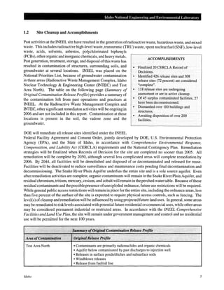 Idaho National Engineering and Environmental Laboratory
1.2 Site Cleanup and Accomplishments
Past activities at the INEEL site have resulted in the generation ofradioactive waste, hazardous waste, and mixed
waste. This includes radioactive high-level waste, transuranic (TRU) waste, spent nuclear fuel (SNF), low-level
waste, acids, solvents, asbestos, polychlorinated biphenyls
(PCBs), otherorganic and inorganic chemicals, and heavy metals.
Past generation, treatment, storage, and disposal ofthis waste has
resulted in contamination of structures, surrounding soils, and
groundwater at several locations. INEEL was placed on the
National Priorities List, because of groundwater contamination
in three areas (Radioactive Waste Management Complex, Idaho
Nuclear Technology & Engineering Center (INTEC) and Test
Area North). The table on the following page (Summary of
Original Contamination Release Profile) provides a summary of
the contamination left from past operations and practices at
INEEL. At the Radioactive Waste Management Complex and
INTEC, other significant remediaton activities will be ongoing in
2006 and are not included in this report. Contamination at these
locations is present in the soil, the vadose zone and the
groundwater.
DOE will remediate all release sites identified under the INEEL
ACCOMPLISHMENTS
• Finalized 20 CERCLA Record of
Decisions.
• Identified 426 release sites and 308
release sites (72 percent) are considered
"complete".
• 118 release sites are undergoing
assessment or are in active cleanup.
• Of 45 surplus contaminated facilities, 27
have been decommissioned.
• Dismantled over 100 buildings and
structures.
• Awaiting disposition of over 200
facilities.
Federal Facility Agreement and Consent Order, jointly developed by DOE, U.S. Environmental Protection
Agency (EPA), and the State of Idaho, in accordance with Comprehensive Environmental Response,
Compensation, and Liability Act (CERCLA) requirements and the National Contingency Plan. Remediation
strategies will be finalized when Records of Decision for the site are completed no sooner than 2005. All
remediation will be complete by 2050, although several less complicated areas will complete remediation by
2006. By 2044, all facilities will be demolished and disposed of or decontaminated and released for reuse.
Facilities will be deactivated to reduce surveillance and maintenance costs pending final decontamination and
decommissioning. The Snake River Plain Aquifer underlies the entire site and is a sole source aquifer. Even
after remediation activities are complete, organic contaminants will remain in the Snake River Plain Aquifer, and
residual chromium, tritium, mercury, cesium, and cobalt will remain in the perched water table. Because ofthese
residual contaminants and the possible presence ofunexploded ordnance, future use restrictions will be required.
While general public access restrictions will remain in place for the entire site, including the ordnance areas, less
than five percent of the surface of the site is expected to require physical access controls, such as fencing. The
level(s) ofcleanup and remediation will be influenced by using projected future land uses. In general, some areas
may beremediated to risk levels associated with potential future residential or commercial uses, while other areas
may be considered permanent industrial or restricted areas. In accordance with the INEEL Comprehensive
Facilities and Land Use Plan, the site will remain under government management and control and no residential
use will be permitted for the next 100 years.
c • c .·'. ,, • : . . . . .·.· ·.·' .· . . . . . . . . . . . . .
·· ..• •. .•. • ·:· >.•••.•. ~umma~ ofqriginal Contamination Release. Profile
....
•
Test Area North • Contaminants are primarily radionuclides and organic chemicals
• Aquifer below contaminated by past discharges to injection well
• Releases in surface ponds/ditches and subsurface soils
• Windblown releases
• Release from fuel/oil line
Idaho 5
 