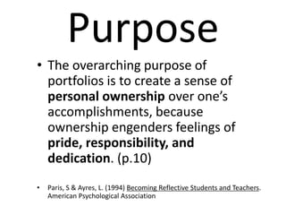 What is a Portfolio in Education?A portfolio is a purposeful collection of [academic] work that exhibits the [learner/worker’s] efforts, progress and achievements in one or more areas[over time].	(Northwest Evaluation Association, 1990)