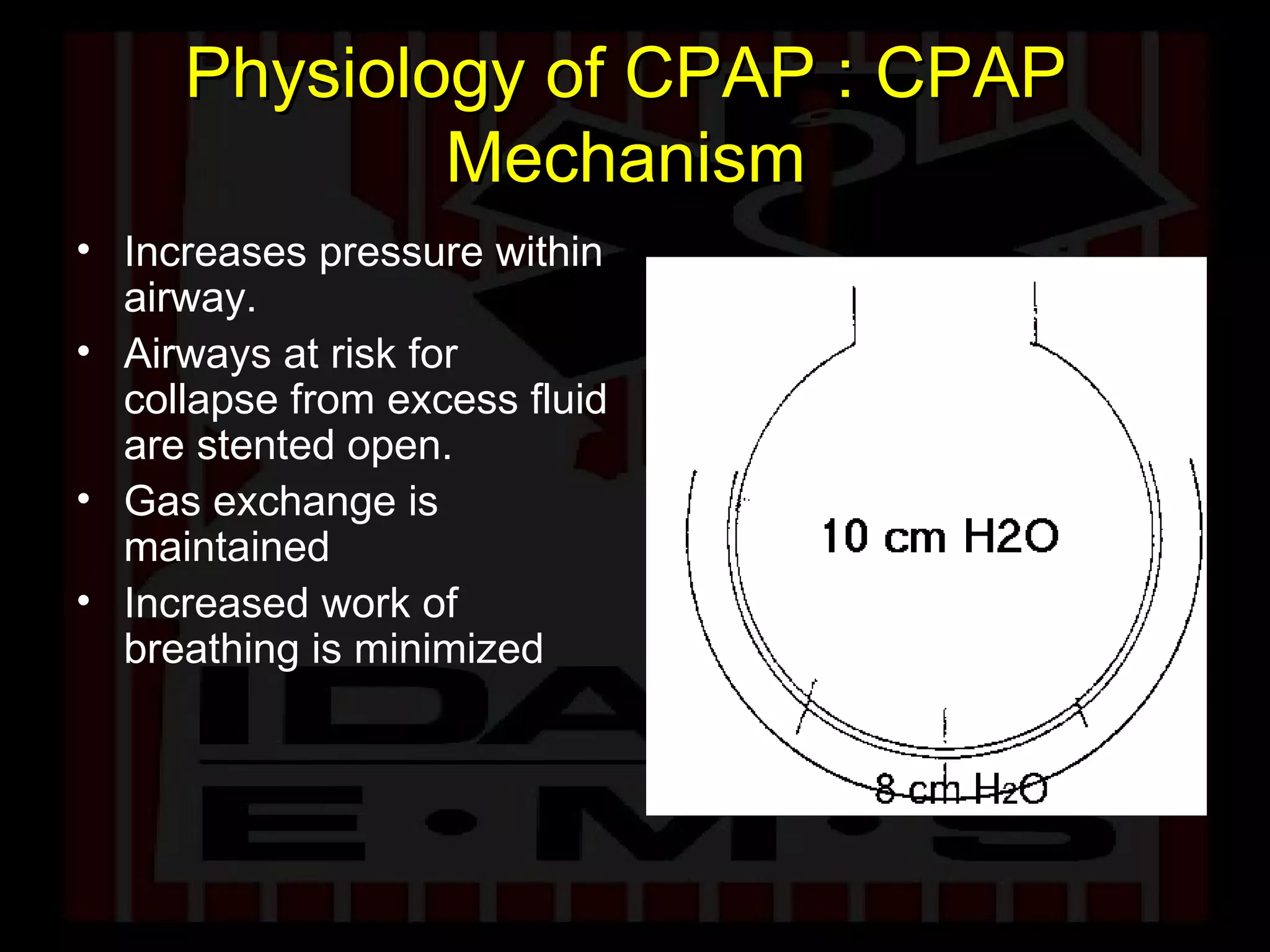 Physiology of CPAP : CPAP Mechanism Increases pressure within airway. Airways at risk for collapse from excess fluid are stented open. Gas exchange is maintained Increased work of breathing is minimized 