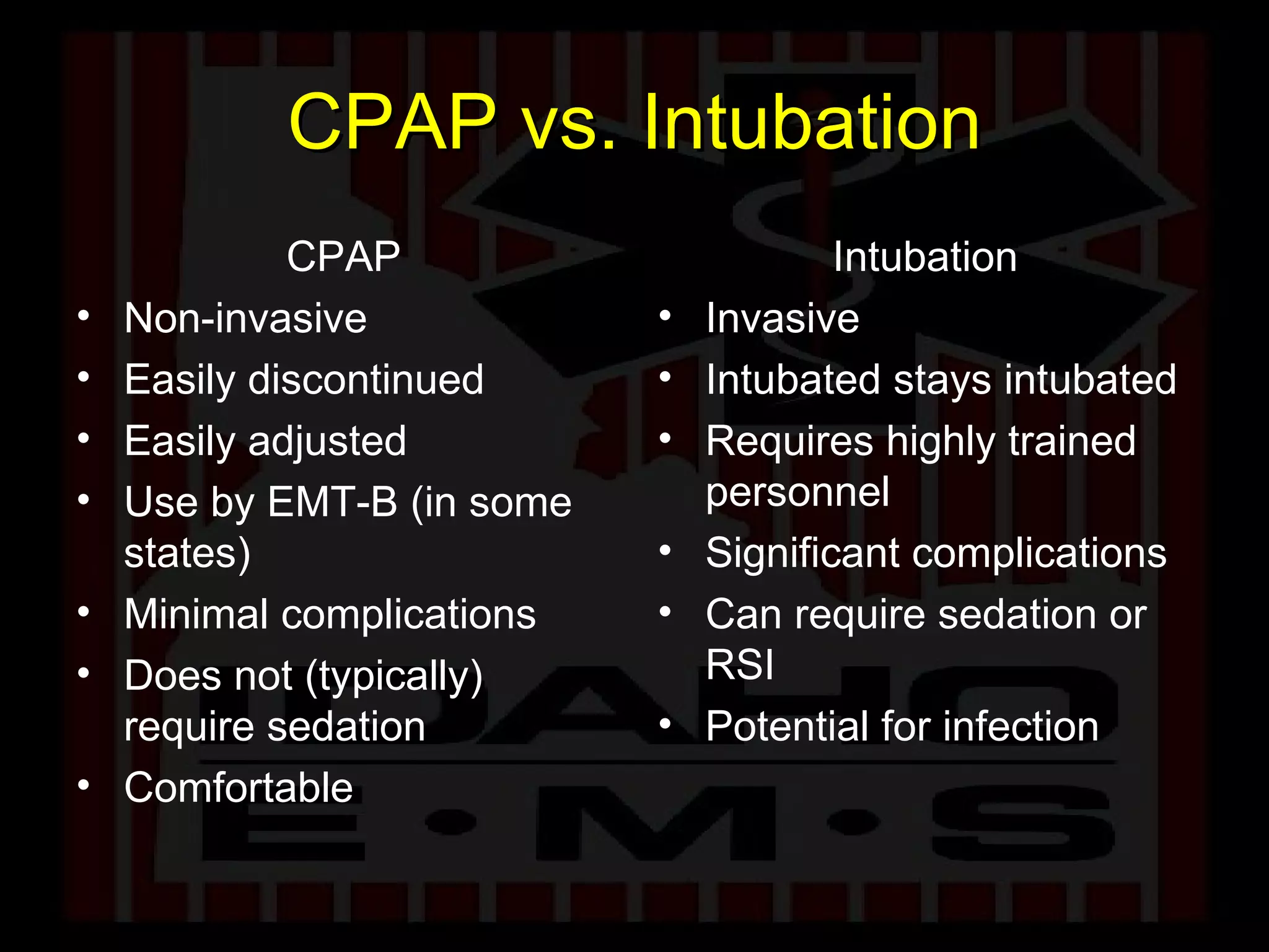 CPAP vs. Intubation CPAP Non-invasive Easily discontinued Easily adjusted Use by EMT-B (in some states) Minimal complications Does not (typically) require sedation Comfortable Intubation Invasive Intubated stays intubated Requires highly trained personnel Significant complications Can require sedation or RSI Potential for infection 