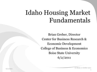 Idaho Housing Market
                  Fundamentals

                    Brian Greber, Director
                Center for Business Research &
                   Economic Development
               College of Business & Economics
                    Boise State University
                           6/2/2011


                                     © Brian J. Greber 2011
6/2/2011
                                                          1
 
