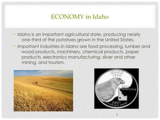 ECONOMY in Idaho
• Idaho is an important agricultural state, producing nearly
one-third of the potatoes grown in the Unite...