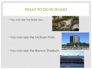 WHAT TO DO IN IDAHO
• You can see the Boise zoo .
• You can see the McEuen Park.
• You can see the Bronco Stadium.
4
 
