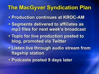 The MacGyver Syndication Plan
• Production continues at KROC-AM
• Segments delivered to affiliates as
 mp3 files for next week’s broadcast
• Topic for live production posted to
 blog, promoted via Twitter
• Listen live through audio stream from
 flagship station
• Podcasts posted 9 days later
 