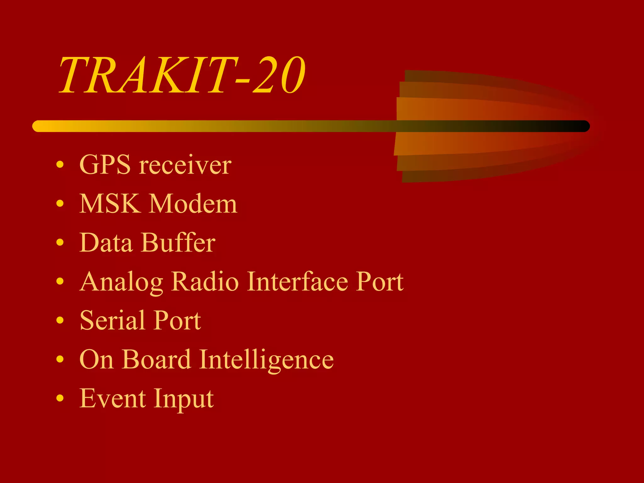 TRAKIT-20 GPS receiver MSK Modem Data Buffer Analog Radio Interface Port Serial Port On Board Intelligence Event Input 