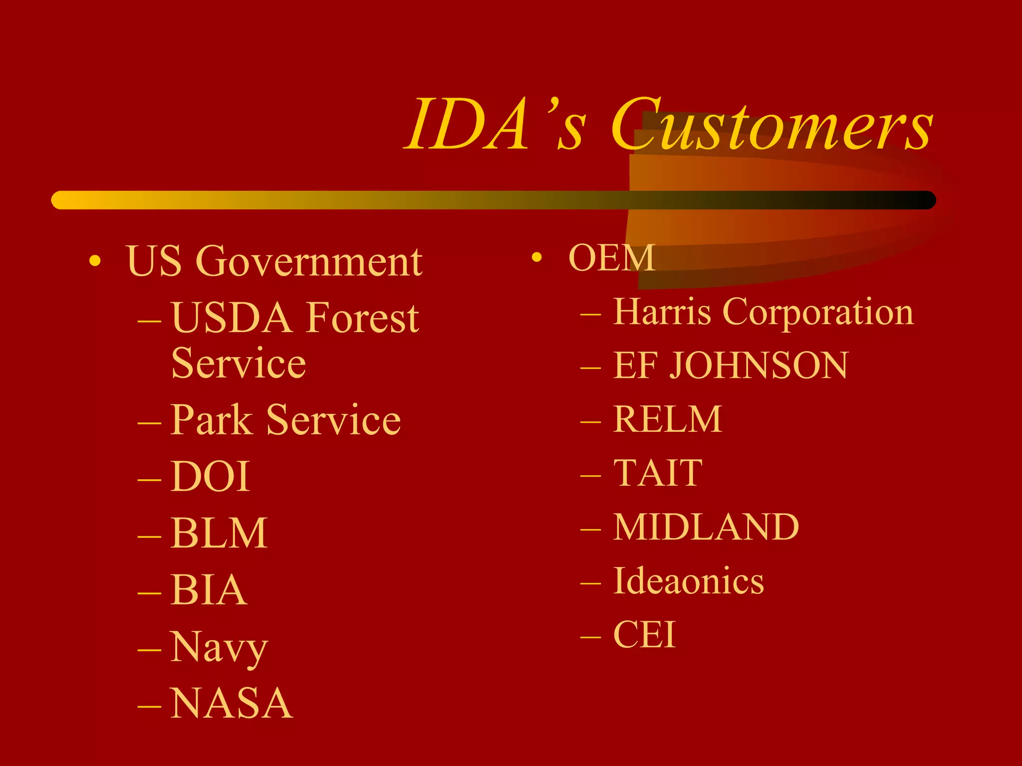 IDA’s Customers US Government USDA Forest Service Park Service DOI BLM BIA Navy NASA OEM Harris Corporation EF JOHNSON RELM TAIT MIDLAND Ideaonics CEI 