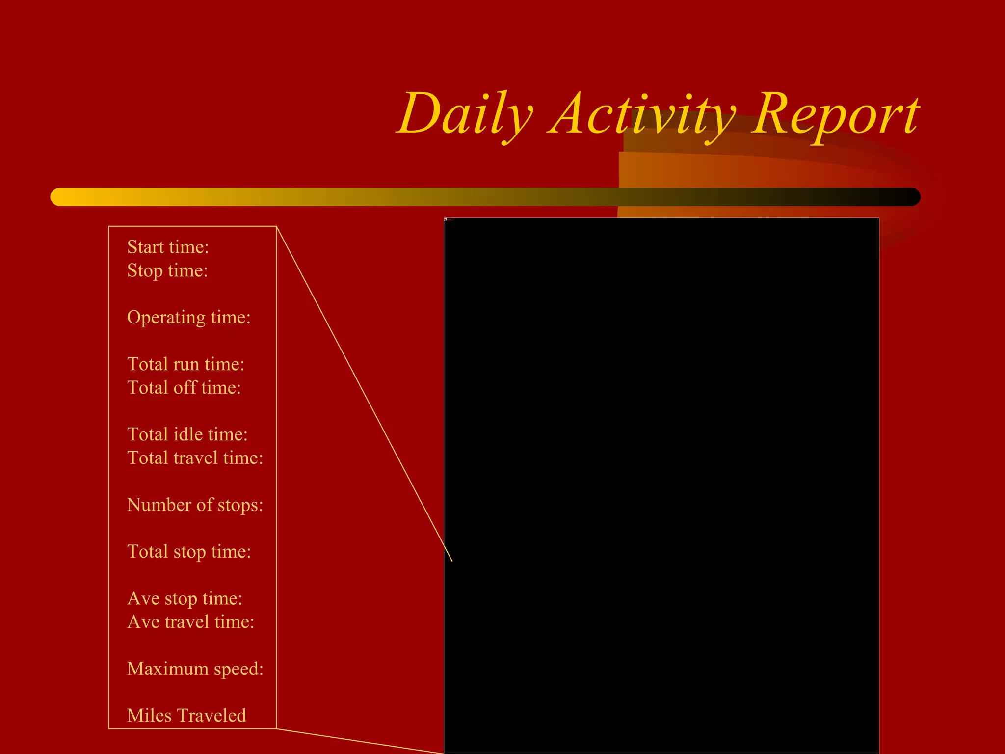 Daily Activity Report Start time: Stop time: Operating time: Total run time: Total off time: Total idle time: Total travel time: Number of stops: Total stop time: Ave stop time: Ave travel time: Maximum speed: Miles Traveled 