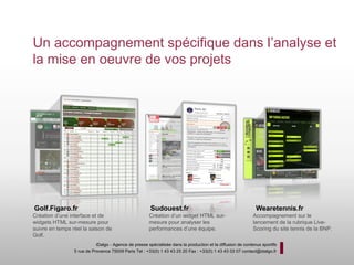 Un accompagnement spécifique dans l’analyse et
la mise en oeuvre de vos projets




Golf.Figaro.fr                                          Sudouest.fr                                           Wearetennis.fr
Création d’une interface et de                         Création d’un widget HTML sur-                       Accompagnement sur le
widgets HTML sur-mesure pour                           mesure pour analyser les                             lancement de la rubrique Live-
suivre en temps réel la saison de                      performances d’une équipe.                           Scoring du site tennis de la BNP.
Golf.
                            iDalgo - Agence de presse spécialisée dans la production et la diffusion de contenus sportifs
                 5 rue de Provence 75009 Paris Tel : +33(0) 1 43 43 25 20 Fax : +33(0) 1 43 43 03 07 contact@idalgo.fr
 