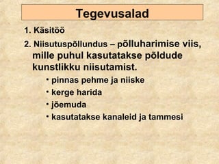 Tegevusalad
1. Käsitöö
2. Niisutuspõllundus – põlluharimise viis,
mille puhul kasutatakse põldude
kunstlikku niisutamist.
• pinnas pehme ja niiske
• kerge harida
• jõemuda
• kasutatakse kanaleid ja tammesi
 