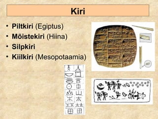 Kiri
• Piltkiri (Egiptus)
• Mõistekiri (Hiina)
• Silpkiri
• Kiilkiri (Mesopotaamia)
 