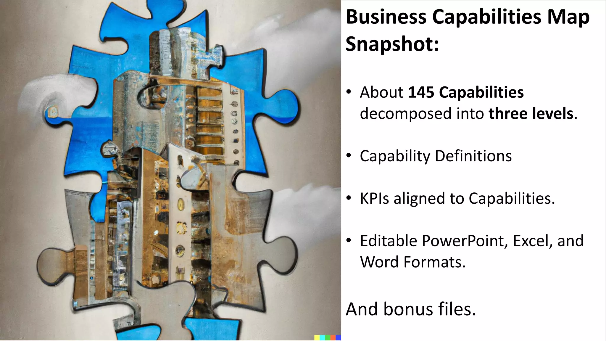 Business Capabilities Map
Snapshot:
• About 145 Capabilities
decomposed into three levels.
• Capability Definitions
• KPIs aligned to Capabilities.
• Editable PowerPoint, Excel, and
Word Formats.
And bonus files.
 