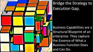 Bridge the Strategy to
Execution Gap.
Business Capabilities are a
Structural Blueprint of an
enterprise. They capture
the Essence of What a
Business Function Does
and Can Do.
 