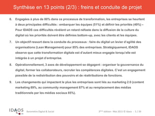 3ème	
  édi)on	
  -­‐	
  Mai	
  2015	
  ©	
  Idaos	
  	
  -­‐	
  	
  5	
  /	
  39	
  Baromètre	
  Digital	
  &	
  Social	
  
6.  Engagées à plus de 80% dans ce processus de transformation, les entreprises se heurtent
à deux principales difficultés : embarquer les équipes (51%) et définir les priorités (49%) –
Pour IDAOS ces difficultés révèlent un retard néfaste dans la diffusion de la culture du
digital où les priorités doivent être définies bottom-up, avec les clients et les équipes.
7.  Un objectif ressort dans la conduite du processus : faire du digital un levier d’agilité des
organisations (Lean Management) pour 85% des entreprises. Stratégiquement, IDAOS
observe que cette transformation digitale est d’autant mieux engagée lorsqu’elle est
intégrée à un projet d’entreprise.
8.  Opérationnellement, 3 axes de développement se dégagent : organiser la gouvernance du
digital, former les collaborateurs, recruter les compétences digitales. C’est un engagement
possible de la redistribution des pouvoirs et de réattributions de fonctions.
9.  Les changements qui impactent le plus les entreprises sont liés au marketing du contenu
(89%), au community management (87%), au remplacement des médias traditionnels par
les médias sociaux (85%) et à la nécessité d’une organisation agile (85%).
Synthèse en 13 points (2/3) : freins et conduite de projet
 