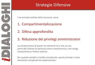 Strategie DifensiveStrategie Difensive
I tre principi cardine della sicurezza, sono:
1.1. CompartimentalizzazioneCompartim...
